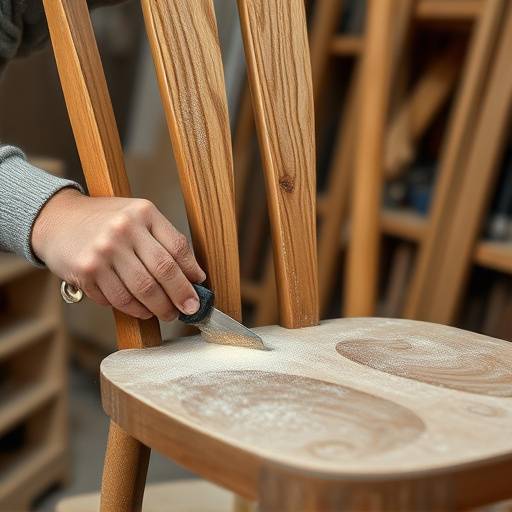 A close-up of an artisan carefully sanding a wooden chair frame in the workshop