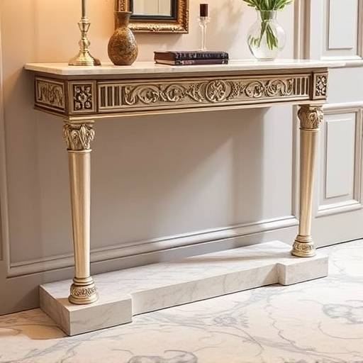 Bestselling elegant console table with intricate carvings and a marble top in a stylish hallway.