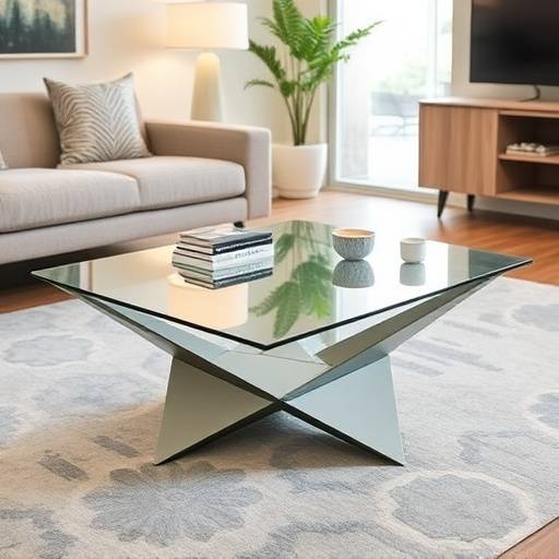 Contemporary coffee table with a glass top and geometric metal base in a stylish living room.