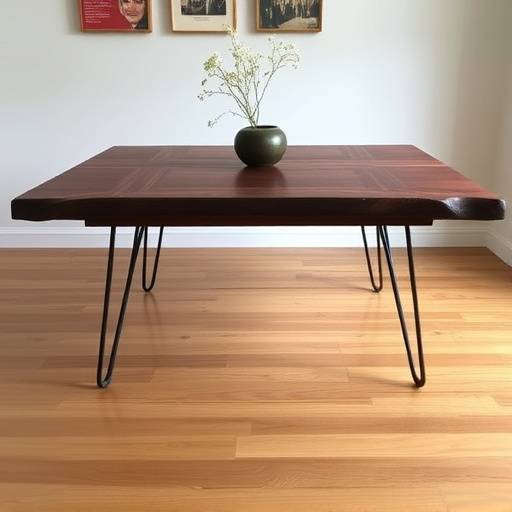 Custom-built walnut dining table with hairpin legs