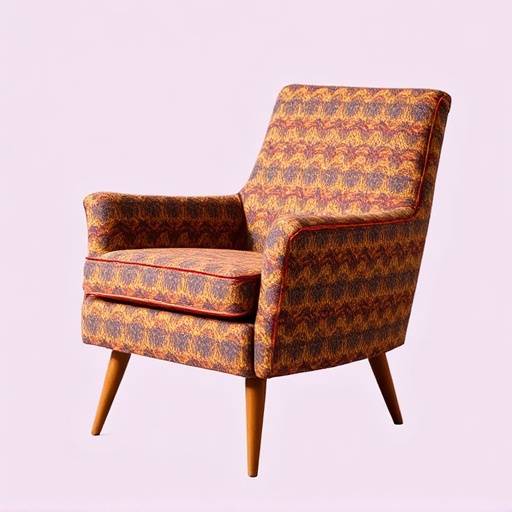 Mid-century modern armchair upholstered in patterned fabric with wooden legs