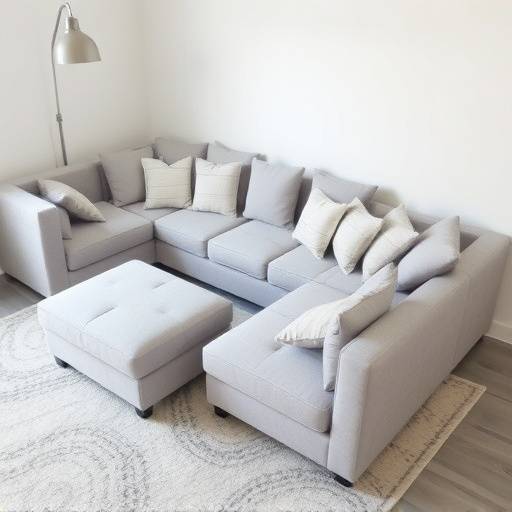 Sectional sofa in light gray with multiple cushions