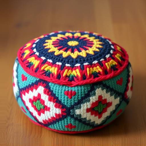 Small knitted pouf with colorful geometric patterns